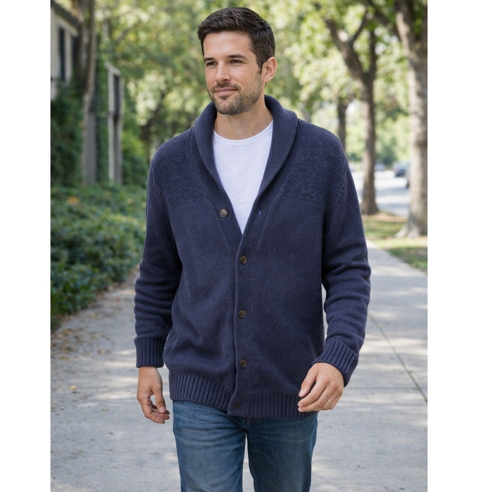 Chaps Mens Chunky Navy Blue Fisherman Cardigan Medium Old Money Preppy Classic
